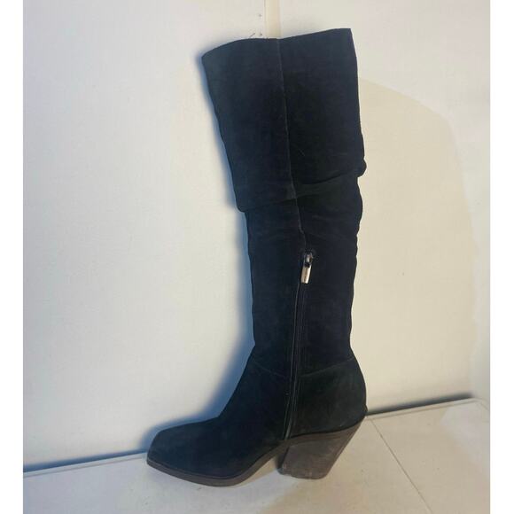 Vince Camuto Black Suede Slouch Knee High Side Zip Square Toe Heel Women 7 Boot - Picture 3 of 8
